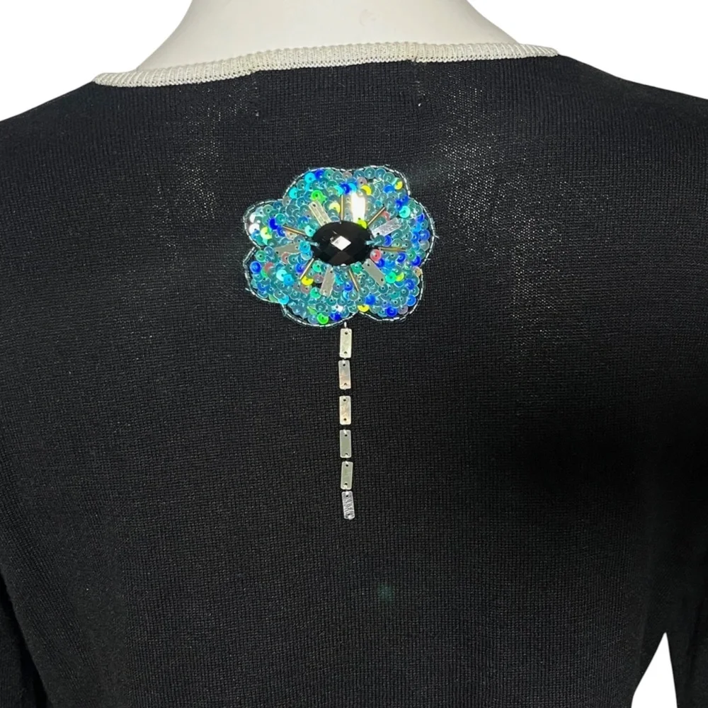 Jack B Quick Vintage Sweater Black Sequin Flower Lightweight Cardigan Size M